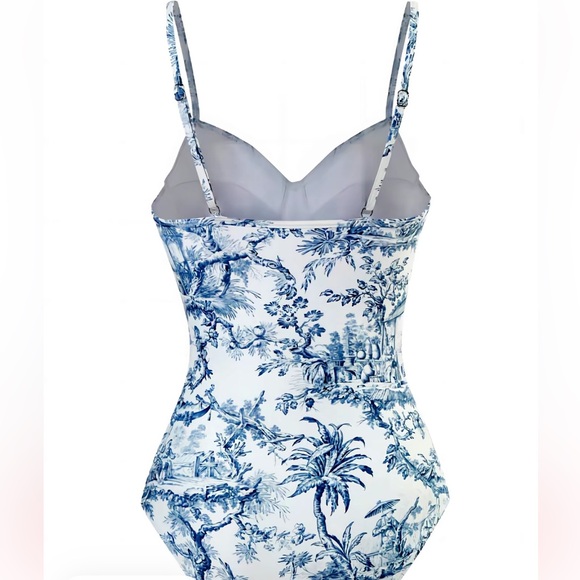 Blue and White Toile Print One piece Swimsuit and Sarong Set size large - Picture 2 of 8